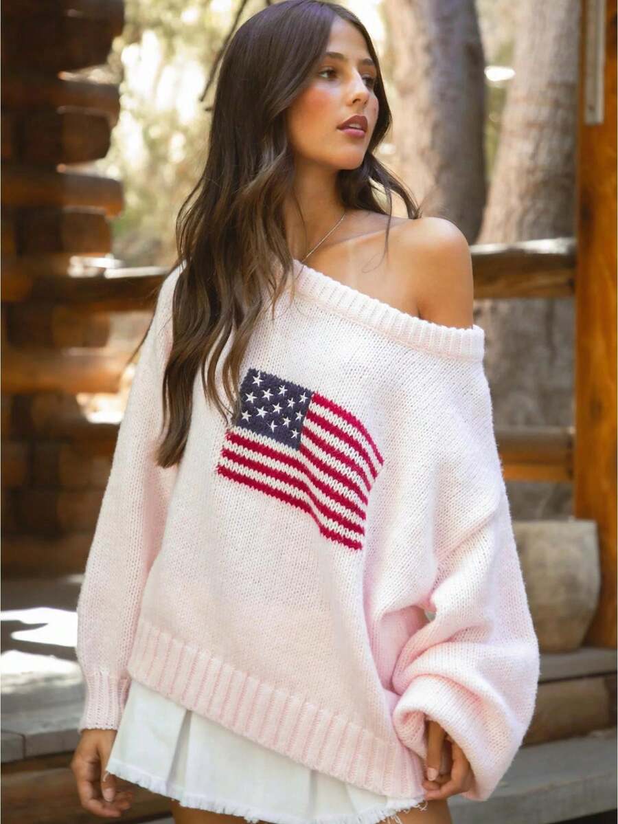 Women American Flag Off Shoulder Knit Sweater, Oversized Star Stripe Long Sleeve Loose Pullover, Patriotic Jumper For 4th Of July Daily Casual Wear - 粉色 - 查看 1