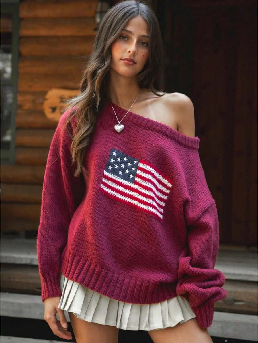Women American Flag Off Shoulder Knit Sweater, Oversized Star Stripe Long Sleeve Loose Pullover, Patriotic Jumper For 4th Of July Daily Casual Wear - 酒紅色 - 查看 1