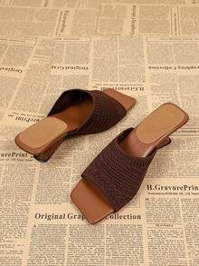 Square Toe Breathable Mesh High Heel Sandals For Women, Summer Slip-On Open Heel Ladies Mules, Fashion Chunky Heel Slides - Brown - View 10