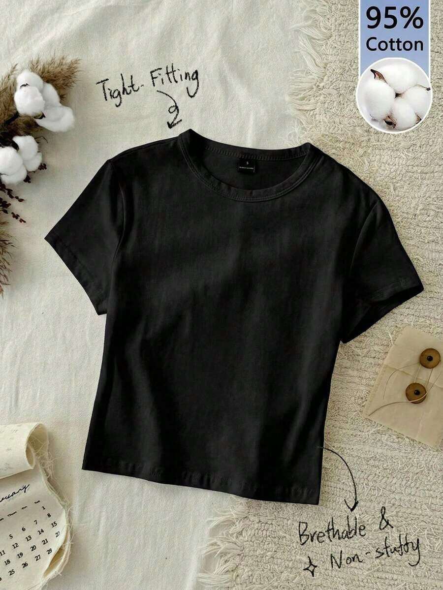 Women's Basic Casual Slim Fit Short Sleeve T-Shirt, 95% Cotton, Women's Summer Clothes, Women's Basic Set, Y2k, Fashion, Elegant. - 黑色 2 - 查看 1