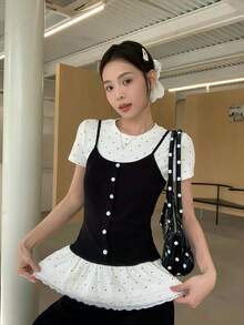 2合1標準肩短袖T恤，芭蕾風修身版型，百搭波點女款上衣，夏季白色 - 白色 - 查看 6