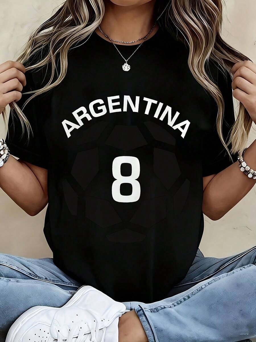 [Official FIFA World Cup Licensed]Argentina Soccer Jersey T-Shirt - Men Women Unisex Casual Short Sleeve Cotton Tee With Number 8 And Geometric Pattern, Soft Breathable Summer Top For Football Fans, Birthday Gift For Friends Family - 黑色 - 查看 1