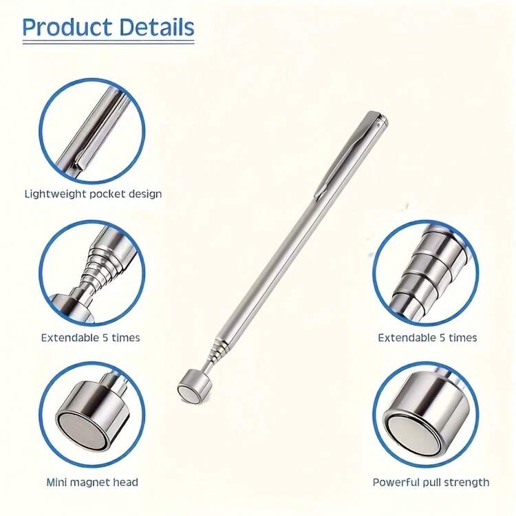 2件組不鏽鋼伸縮磁性工具 - 手動鐵吸桿，多場景使用，適用於難以觸及區域，無需電池，適合汽車和建築維修，金屬光澤表面，耐用且堅固 - 伸縮磁吸工具 - 查看 5