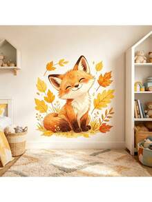 Watercolor Cute Fox Wall Sticker, Autumn Leaves & Floral Wall Decal, Removable Peel And Stick For Kids Room, Nursery, Home Decor - Cute Watercolor Fox - View 6