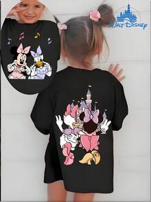 Summer Cute Pink Top For Girls, Disney Park Apparel, Minnie Mouse & Daisy Duck Best Friends Print, Loose Fit, Crew Neck Pullover, Pre-Teen Girl's  Item, Back-To-School Gift For Kids - Black - View 1