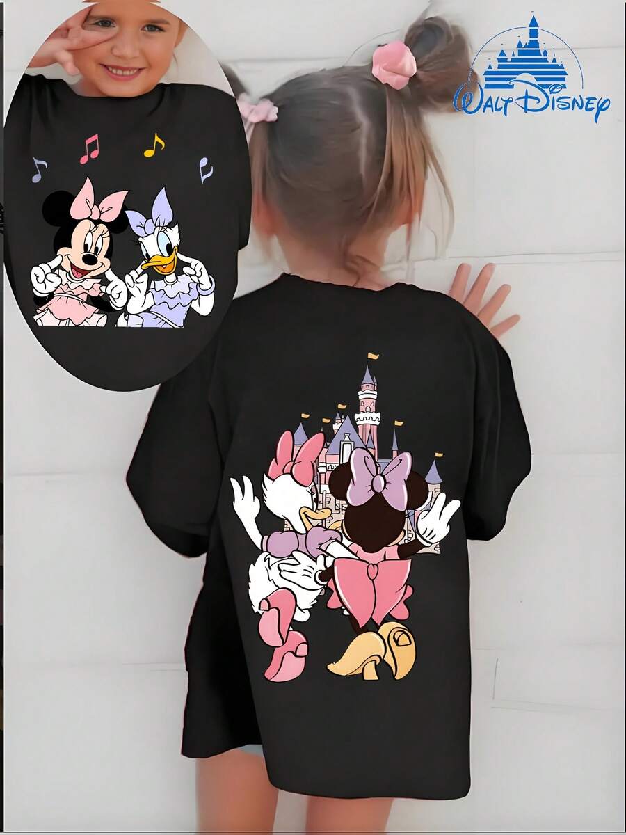 Summer Cute Pink Top For Girls, Disney Park Apparel, Minnie Mouse & Daisy Duck Best Friends Print, Loose Fit, Crew Neck Pullover, Pre-Teen Girl's  Item, Back-To-School Gift For Kids - Black - View 1