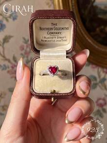1pc Half Heart Shaped Rhinestone Inlaid Black & Red Ring, Exquisite Women's Jewelry, Anniversary Birthday Gift - Antique Silver - View 2