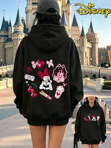 Disney Valentine's Minnie Mouse Castle & Hearts Hoodie, Women's Casual Long Sleeve Hooded Sweatshirt - màu đen - Xem 2