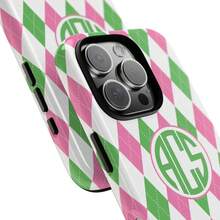 Preppy Pink & Green Monogram Phone Case, Custom Argyle Pattern Casing, Personalized Monogrammed Gift For Her, , ,  Models - 1 Piece Of Picture Color - View 5