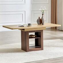 Extendable Wood-Effect Dining Table With Storage Space, Two Sizes 130cm/160cm, Walnut-Colored MDF Frame, With Removable Compartments, Suitable For Small Apartments And For 4 To 8 People. - 自然色 - 查看 2