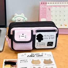 1pc Cute Cat Themed Canvas Pencil Case, Multi-Compartment Design With Large Capacity To Store Pens, Cards And Small Accessories, Durable Zipper Closure, Suitable For School, Office And Daily Organization,Back To School - Magic Pocket Kitten - View 7