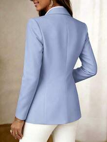 Jaket Wanita Lengan Panjang dengan Kerah dan Kancing, Blazer Ringan Bahan Rajut Panjang Standar, Menciptakan Gaya Akademik yang Elegan dan Modis - Dusty Blue - View 3