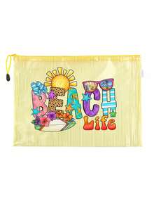 Beach Life 海灘風網格收納袋 | 透氣防水拉鍊袋，適用於海灘/泳池/旅行，海灘風印花收納袋，海灘度假網格袋，透氣防水游泳與盥洗袋 - 彩色 - 查看 16