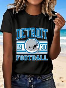 Detroit Football 1930 Helmet Design T-Shirt With Fashion Trendy Style Casual Wear Perfect Gift For Sports Fans Outdoor Leisure Activities - Negro - Ver 1