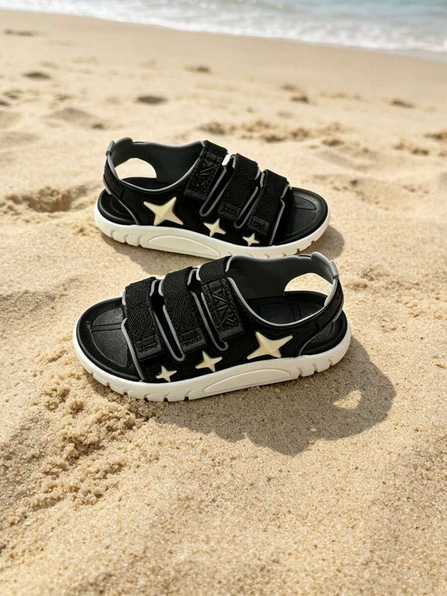 Sandalias cómodas con cierre de gancho y bucle con decoración de estrellas para niños, zapatos planos de playa para estudiantes de talla grande, adecuados para primavera y verano
