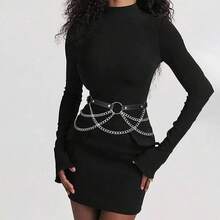 Sabuk Pinggang Kulit Hitam Wanita Gaya Gothic Terlaris dengan Rantai Berlapis Perak, Sabuk Pinggang Dekoratif Rantai Multi-Lapisan Gaya Punk - Hitam - View 2