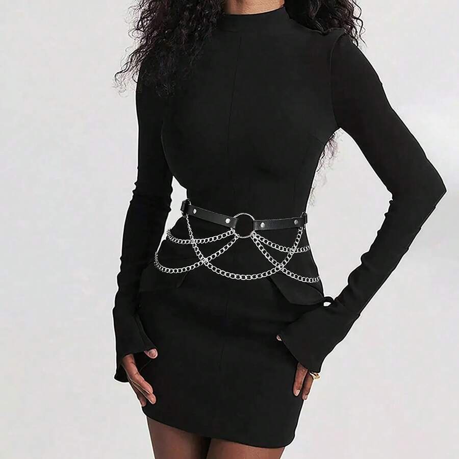 Sabuk Pinggang Kulit Hitam Wanita Gaya Gothic Terlaris dengan Rantai Berlapis Perak, Sabuk Pinggang Dekoratif Rantai Multi-Lapisan Gaya Punk