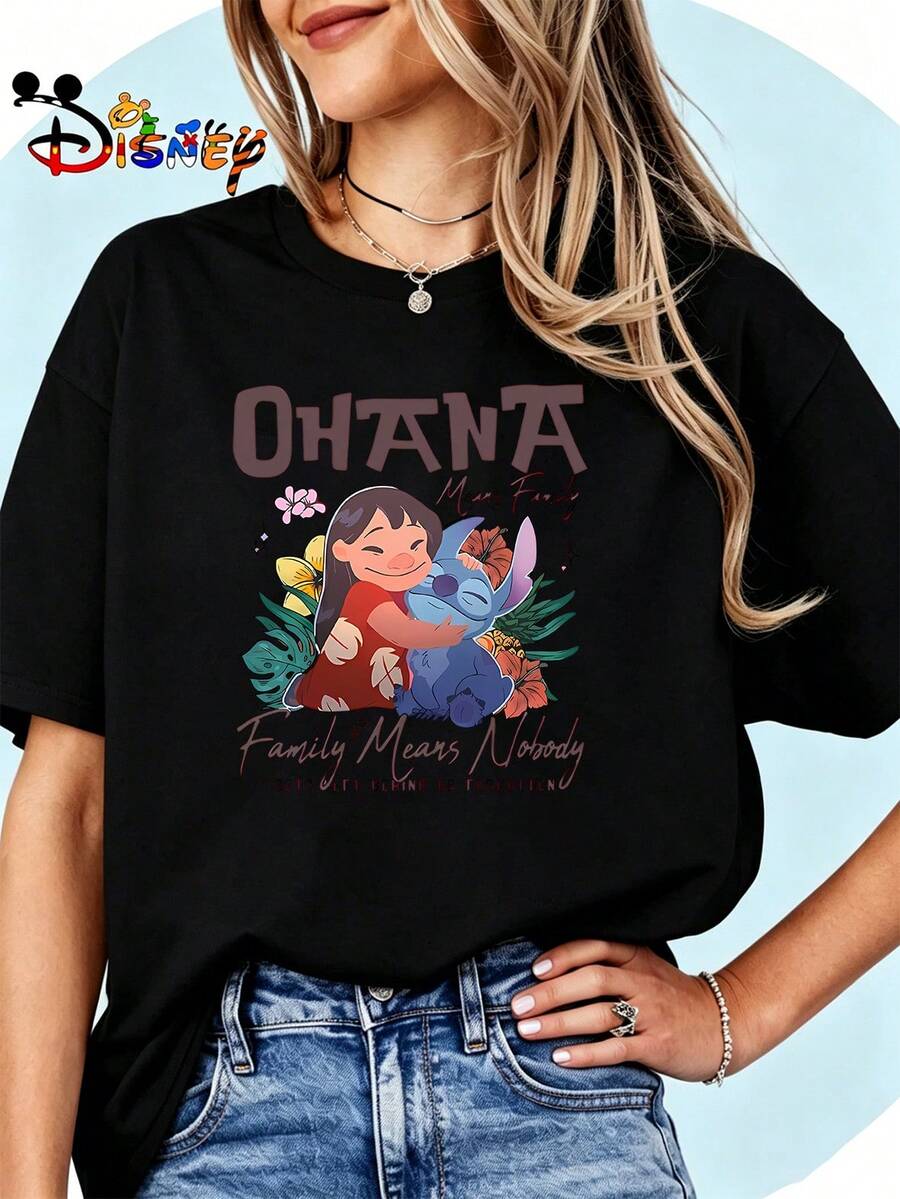 Breathable Cotton Disney Fan Tee | "Ohana Forever" Lilo & Stitch Hugging With Tropical Flowers Graphic Print | Sentimental Family Pullover Shirt - 黑色 - 查看 1
