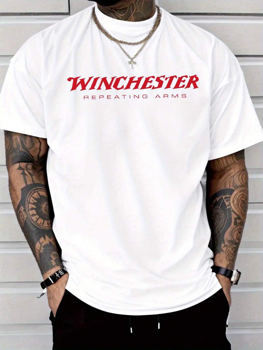 T Shirts For Men 2026Men'S Casual Stylish Short-Sleeve T-Shirt Featuring A Unique Repeated Weapon Print, Made Of, Lightweight At 6.35 Oz Per Square Meter, With A Regular Fit And Round Neck, Comfortable Stretchy Summer Fashion T-Shirt  Vatertag Geschenk - White - View 1