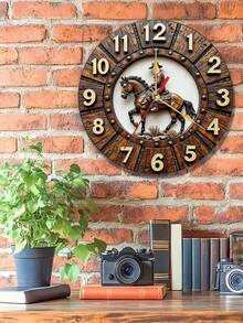 2D Style Wooden Round Wall Clock With Cowboy Riding Horse Pattern, Silent Non-Ticking, Suitable For Home Decor And Gifts, Requires AA Battery (Not Included) - Multicolor - View 3