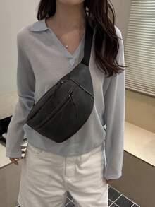 时尚牛仔布效果PU大容量斜挎包/腰包（面料颜色随机），男女通用，适合大学/学校、通勤/办公、节日/假期/聚会/旅行等场合，专为女性、职场新人、白领、年轻女孩和大学生设计 - 黑色 - 查看 3