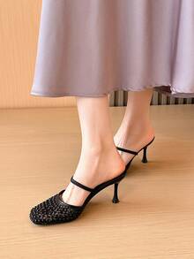 Xin Jing Shoes 女款優雅休閒性感派對細高跟鞋 時尚百搭圓頭網布通勤中跟涼鞋 - 黑色 - 查看 8