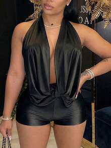 Women's Summer Backless Rompers Rave Date Night Twist Knot Halter Shorts Party Jumpsuits Club Outfits - Black - View 4