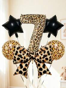 6pcs 40-Inch Number Balloon Set, Large Leopard Print Bow Foil Balloons, 18-Inch Leopard Print Round Balloons, Star Balloons, Large 0-9 Number Balloons, Suitable For Birthday Party, Animal Theme Party, Baby Shower Decoration - Multicolor - View 7