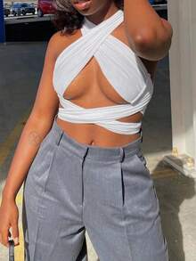 Top cruzado con tiras en la parte delantera para mujer, Top corto sin mangas con cuello Halter y espalda descubierta, chaleco Bandage, Tops sexys de verano, ropa para mujer - Marrón - Ver 4