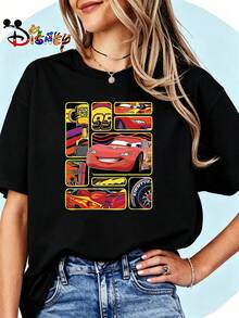Breathable Cotton Disney Fan Tee | "Lightning McQueen 95" Racing Car & Trophy Montage Graphic Print | Cars-Themed Park Day Pullover Shirt - 黑色 - 查看 1