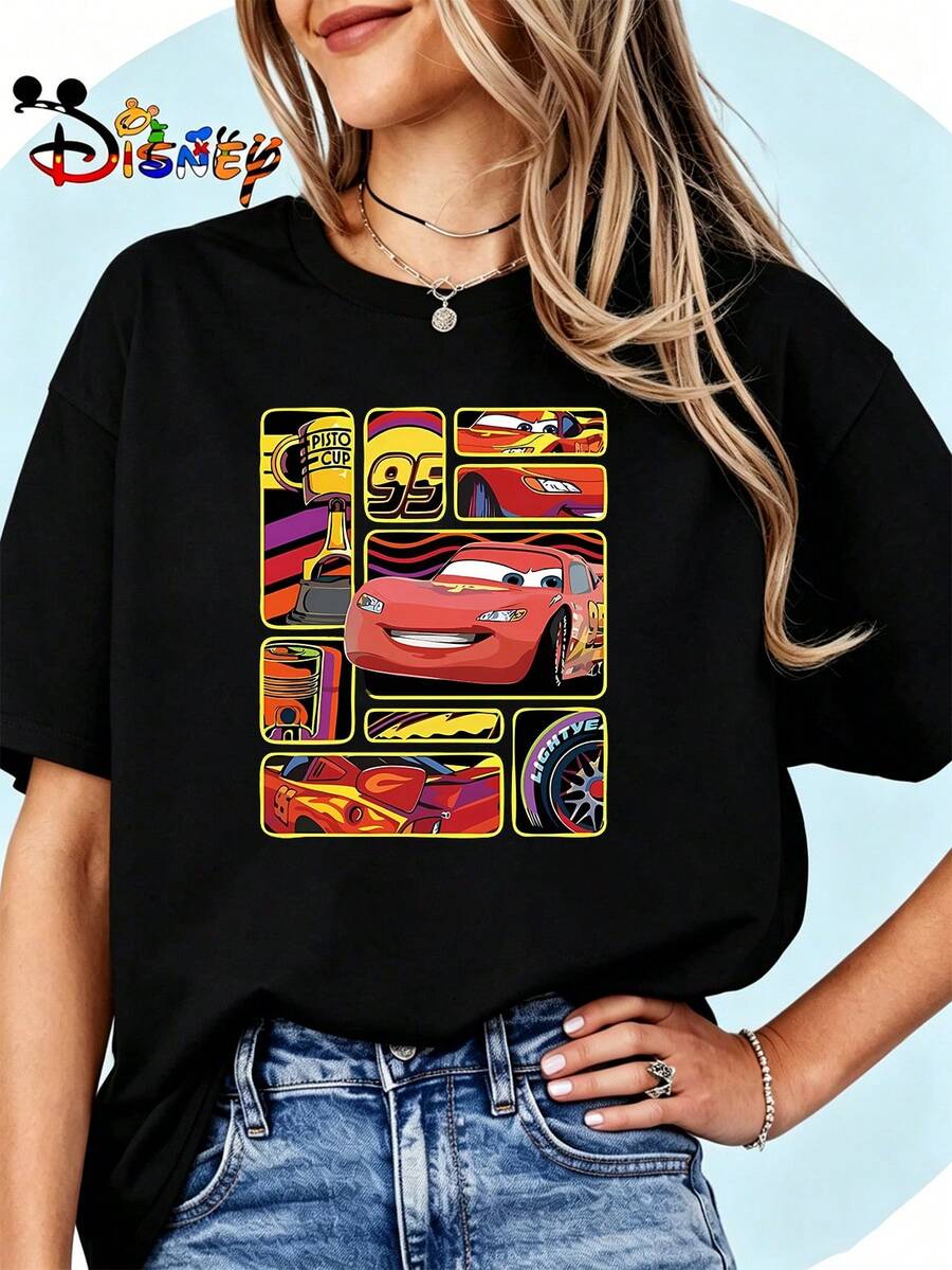 Breathable Cotton Disney Fan Tee | "Lightning McQueen 95" Racing Car & Trophy Montage Graphic Print | Cars-Themed Park Day Pullover Shirt - 黑色 - 查看 1