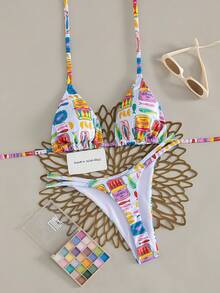 2 Stücke Frauen Fisch- und Zitronen-Muster Bikini Set, Träger-Top mit Doppel-Träger-Hose, Sommer Strand Urlaub Bademode - Verschiedenfarbig - View 4
