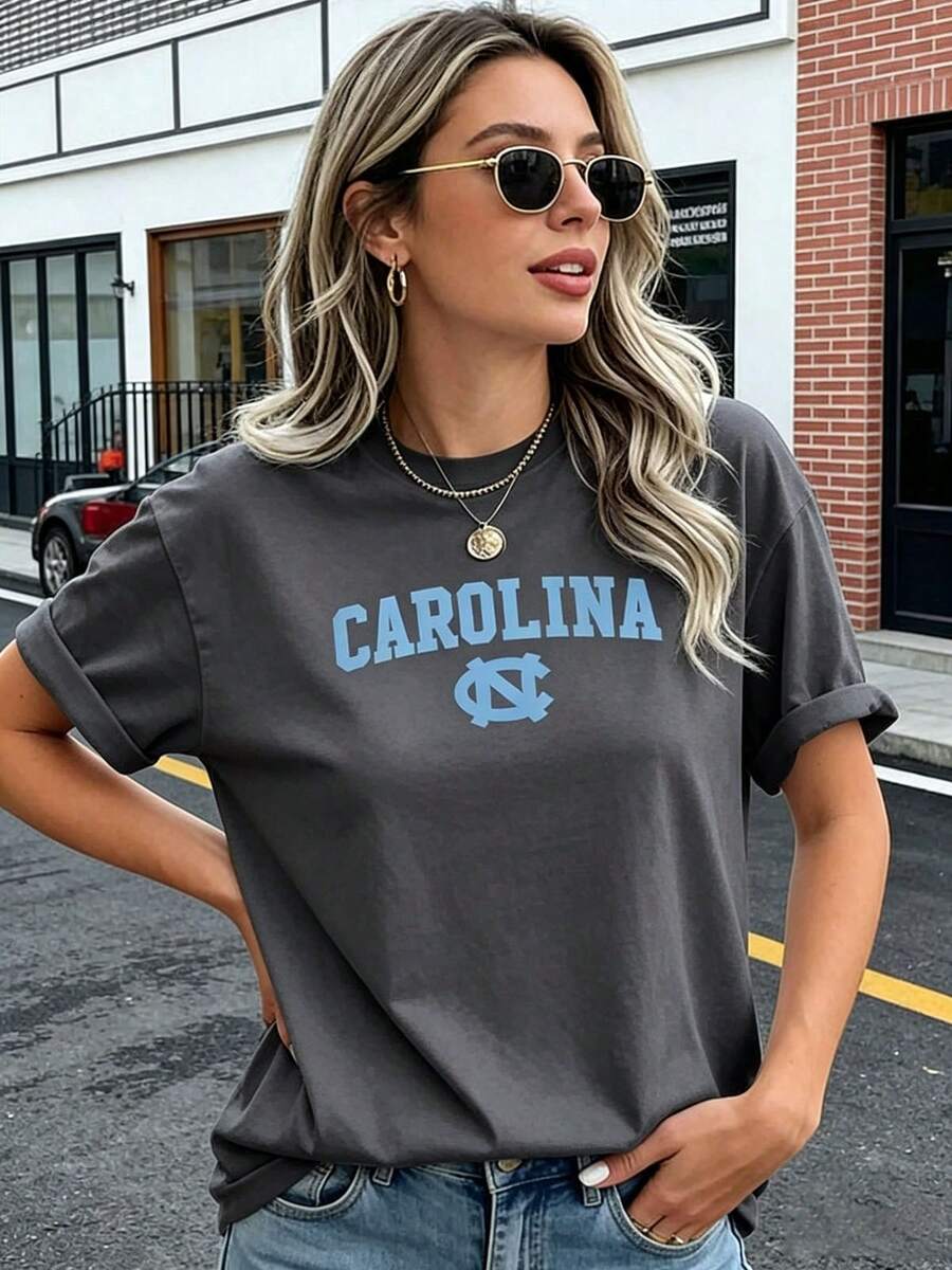 Carolina Team Graphic Women's Pattern Print TShirt Comfy Pure Cotton College Style Tee For Casual Daily Wear, Perfect Birthday Gift For UNC Alumni - 深灰色 - 查看 1