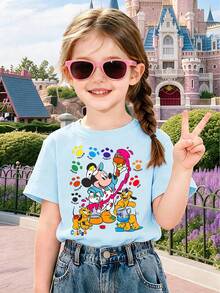 Disney Mickey Mouse T-Shirt-Featuring A Print Of "Painter Mickey And Pluto" Alongside Colorful Paw Prints Designed To Aid In Color Recognition. This Light Blue, Casual, Pure Cotton Short-Sleeve Top Is Perfect For Fans To Collect And Wear Daily, Making It An Ideal Choice For Disney Trips And Various Educational Activities. - Màu xanh nhạt - Xem 1