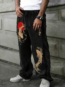 Striville 男士錦鯉印花寬腿運動長褲 - 日系街頭風水洗黑休閒褲，復古街頭風格，個性化，日常，街頭風，開學季，戶外，運動健身，饒舌歌手穿搭，假期，禮物，最佳禮物 - 黑色 - 查看 1