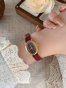 1pc Women's Oval Roman Numeral Casual Elegant Quartz Wrist Watch, Suitable For Daily Wear - Red - View 4