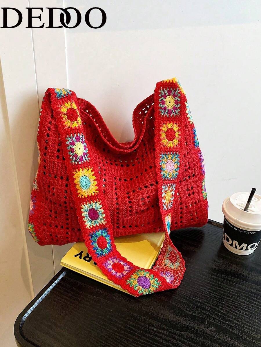 Dedoo Bohemian Style Fashion Women's Summer Crochet Bag, Made Of Polyester Material, Large Capacity Suitable For Casual Outings, Vacations, Beach, Spacious Handbag, Vacation Essential, Work, Back To School, Waves, Holidays, Versatile (Shoulder Strap Color/Pattern Random)