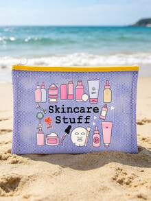 Mesh Makeup Bag With Face Mask Pattern, "Skincare" Lettering Design, Multifunctional Cosmetic Bag, Portable Storage Pouch, Skincare Bag, Travel Essential, Dorm Supplies, Bathroom Storage, Jewelry Storage, Lipstick And Cosmetic Storage Bag, School Supplies Bag, Holiday Essential Makeup Bag, Cosmetic Storage, Wedding Bride Gift, Mother's Day Gift, Birthday Gift, Gift For Friends And Teachers - Multicolor - View 7
