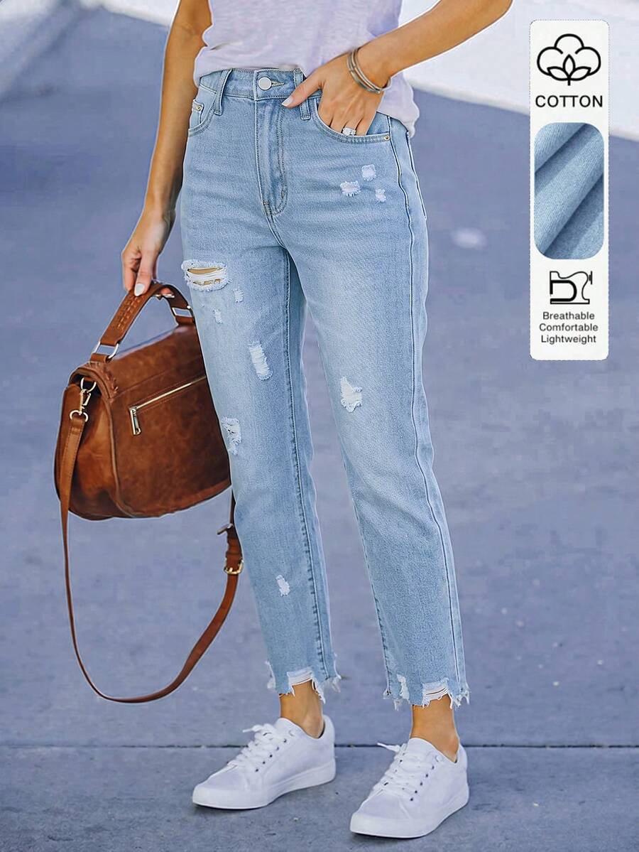 Jeans de mezclilla de ajuste relajado y versátil para mujer, ideal para la primavera - Lavado ligero - Ver 1
