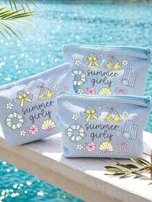 Summer Pattern Plaid Makeup Bag/Toiletry Bag - Multifunctional Portable Storage Bag With Swim Ring, Shell, Bow Tie Patterns, Suitable For Skincare, Cosmetics And Travel Supplies; Essential Item For Summer Beach Vacation And Daily Use, Back To School Season Must-Have. - Multicolor - View 3