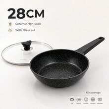 Chảo chống dính 28cm, vật dụng thiết yếu trong gia đình, chảo đáy phẳng phù hợp với mọi loại bếp, có thể rửa bằng máy rửa chén, thiết kế không đinh tán, nồi nhôm. - Xem 2