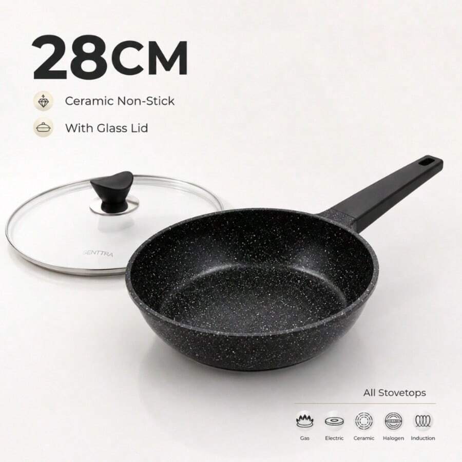 Chảo chống dính 28cm, vật dụng thiết yếu trong gia đình, chảo đáy phẳng phù hợp với mọi loại bếp, có thể rửa bằng máy rửa chén, thiết kế không đinh tán, nồi nhôm.