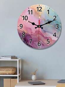Reloj de pared redondo de madera con diseño abstracto de acuarela, decorado con colores rosa, azul, amarillo y dorado, adecuado para cocina, dormitorio, sala de estar, escalera, lavandería. Pilas no incluidas. - Multicolor - Ver 2