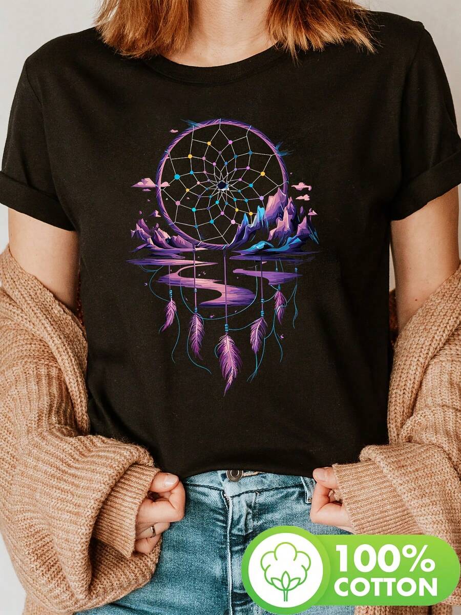 Surrealist Print T-Shirt With Y In Direction, Purple Mountain And Water, Casual Short Sleeve Round Neck Top For Summer And Spring, Women's Clothing - 黑色 - 查看 1