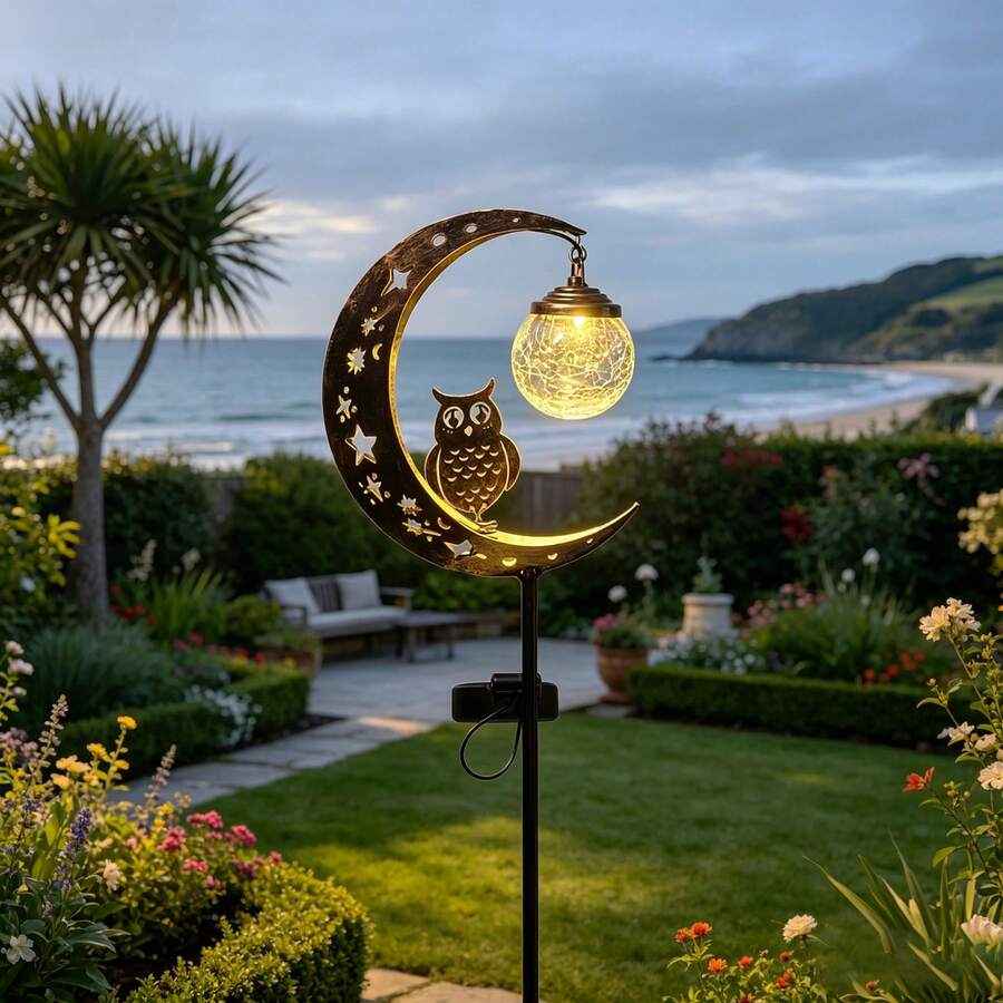 1pc Solar Powered Owl Glass Crackle Stake Light, Outdoor Decor For Pathway, Backyard, Patio, Lawn, Garden - Owl Ground Stake - View 1