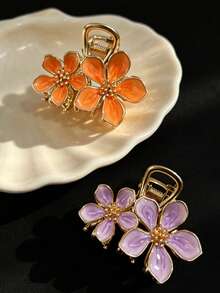 1PC Bridal Hair Accessory Exquisite 5-Petal Flower Oil-Drip Craft Women's Claw Clip Half-Up Braided Updo Hair Ornament Textured Flower Hair Claw All-Season Style Beach Vacay Hair Clips - Multicolor - View 3