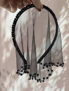 1pc Black Beaded Edge Tulle Headband, Gothic Mesh Forehead Hair Accessory, Halloween Ghost Bride Party Hair Ornament - Black - View 2