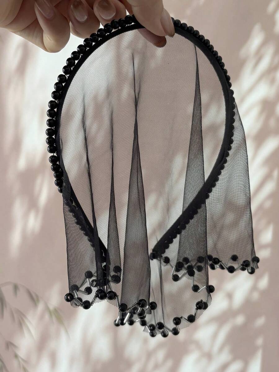 1pc Black Beaded Edge Tulle Headband, Gothic Mesh Forehead Hair Accessory, Halloween Ghost Bride Party Hair Ornament