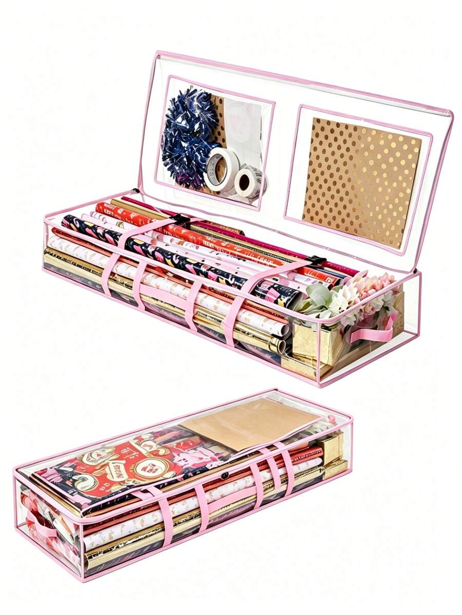 1pc Gift Wrapping Paper Storage Box, Christmas Present Organizer Bag With Inner Pocket, Holiday Decoration Underbed Storage Container Bag - Pink Transparent - View 1