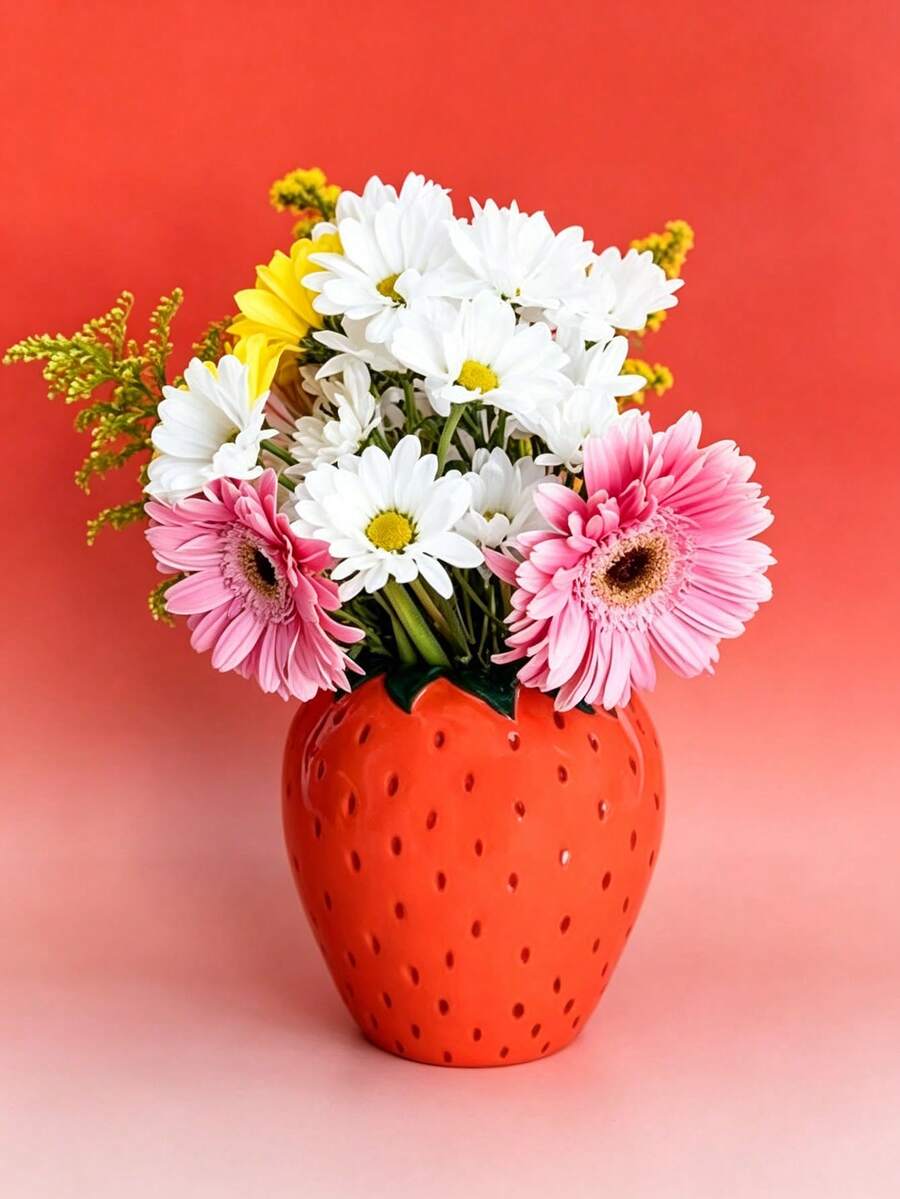 1件草莓設計花瓶，紅色樹脂可愛裝飾花瓶，家居裝飾，居家裝飾，花瓶，桌面裝飾 - 1PC - 查看 1